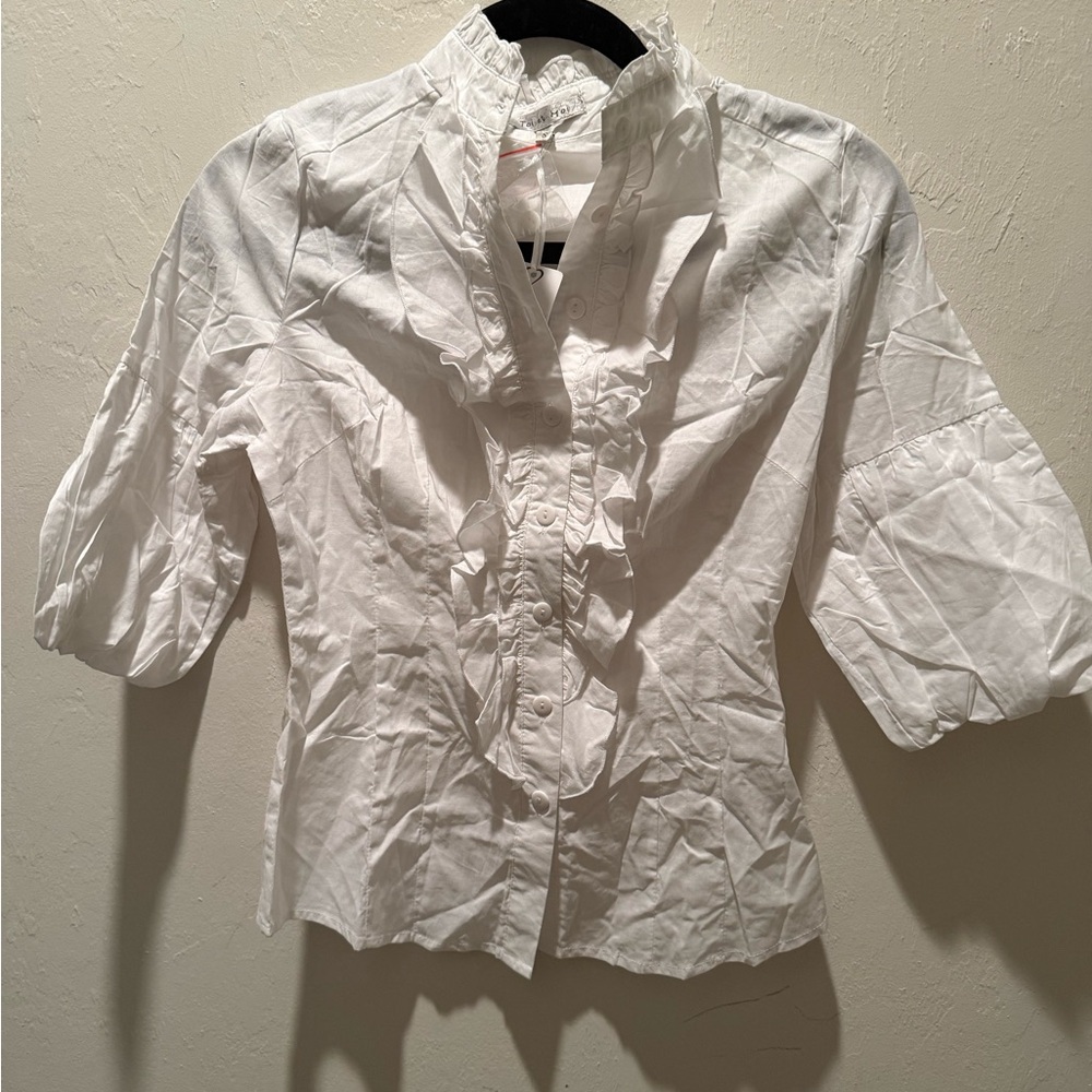 Junior's White Ruffled Button-Up Blouse- Size Small- NWT